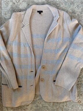 Talbots Beige Cardigan Blazer with Light Blue Stripes